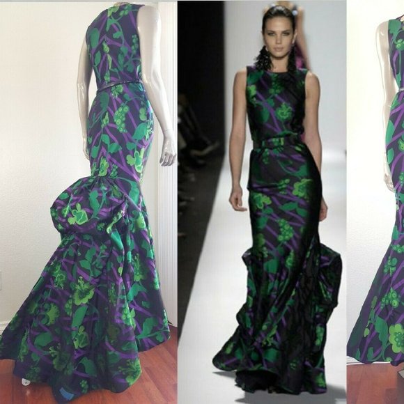 ◇$6,000 OSCAR DE LA RENTA ADOREABLE SILK GREEN FLORAL RUNW DRESS GOWN 6 - Picture 2 of 16